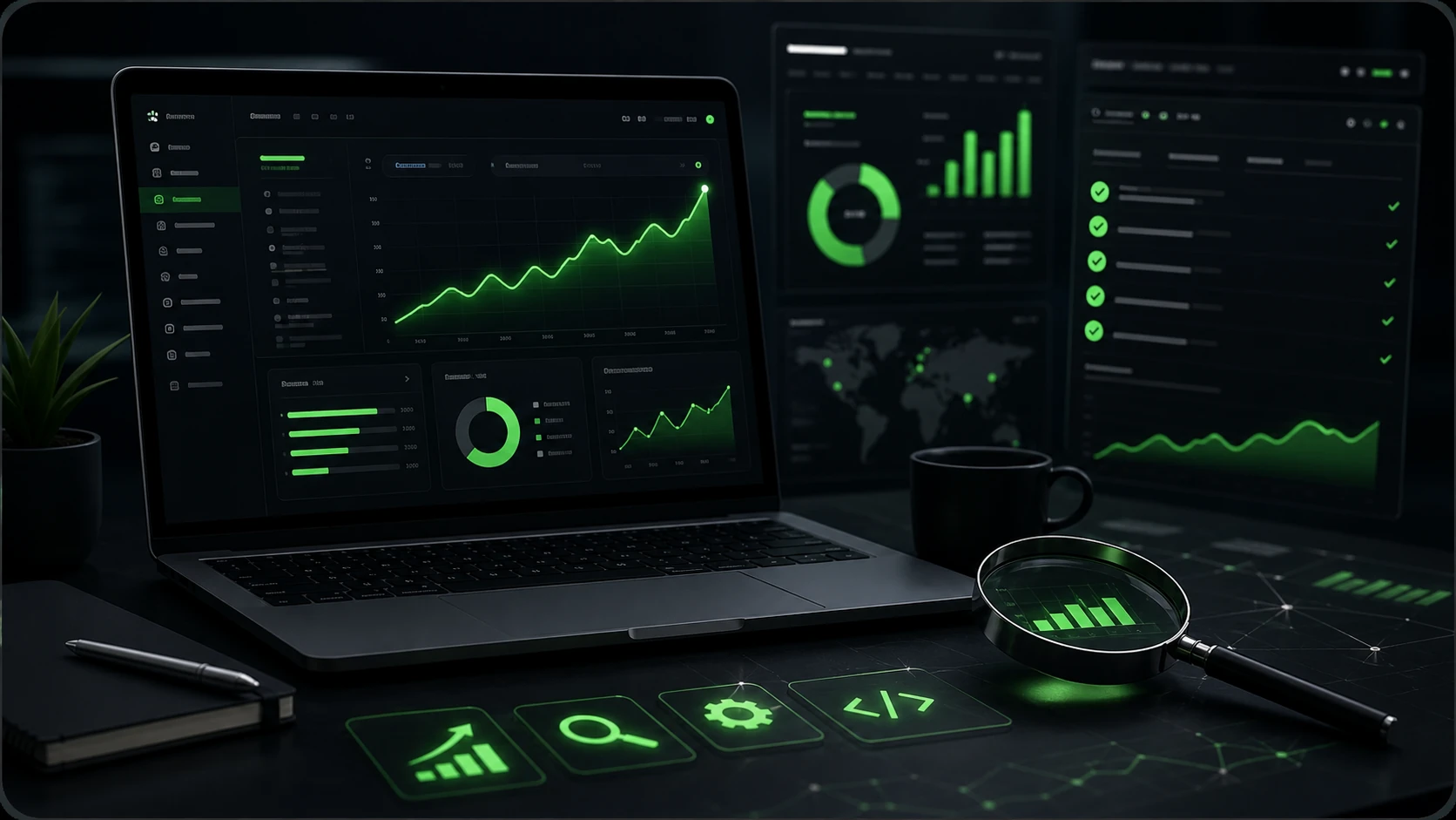 Темний SEO dashboard із графіком росту